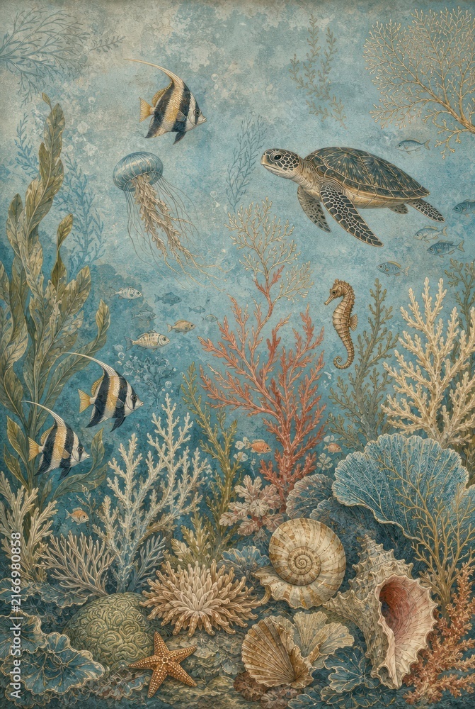 Naklejka premium Intricate underwater scene with fish, turtle, coral, and sea plants.