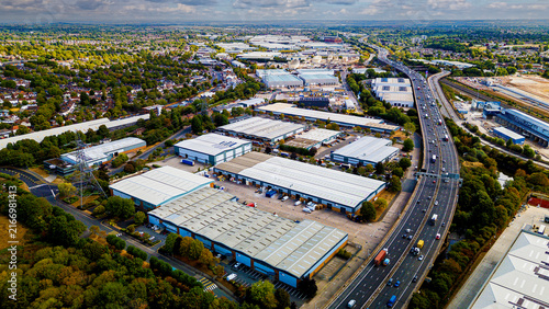 Cuadro en lienzo Panoramic aerial view of Gravelly Industrial Park along M6 motorway corridor