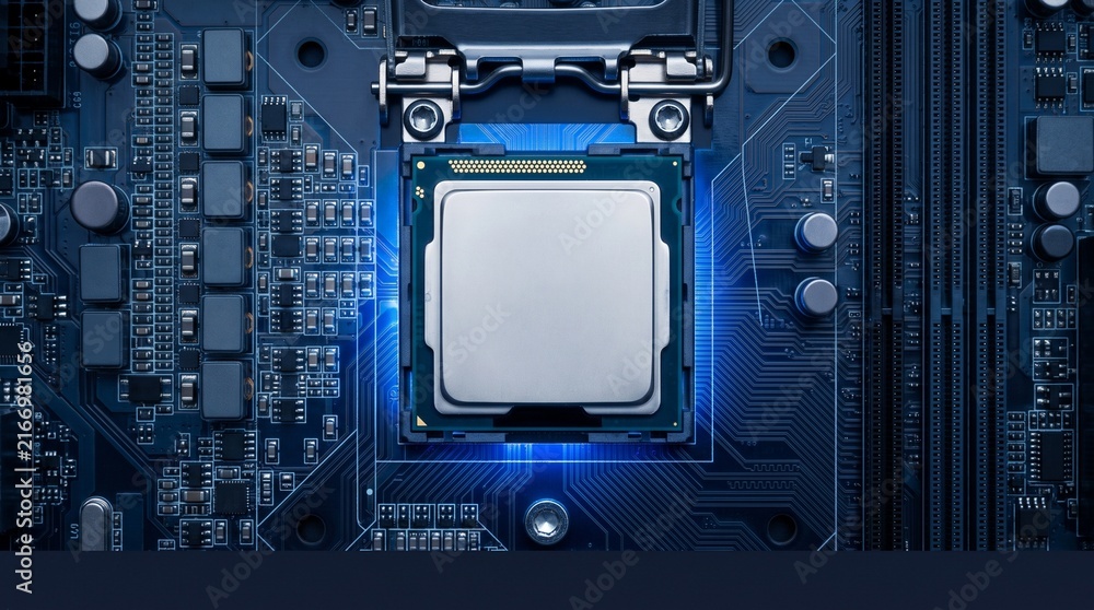 Fototapeta premium Computer processor CPU mounted on motherboard circuit board with glowing blue light