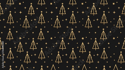 Gold Christmas tree pattern on black background for festive holiday wrapping paper design