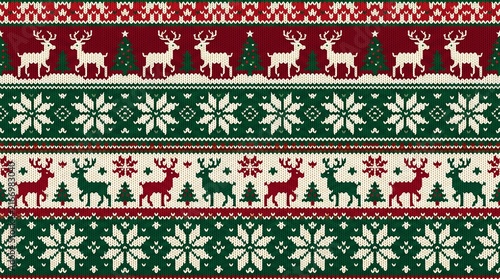 Fair Isle Christmas knit pattern with reindeer and snowflake motifs for holiday textiles.