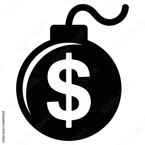 Black silhouette icon of a debt bomb with dollar sign vector symbol for risk concept