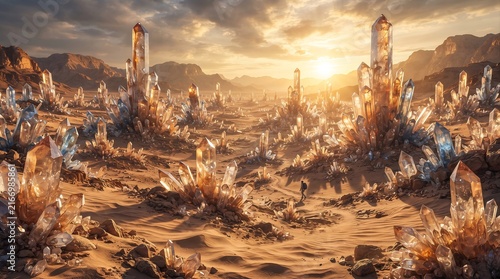 Surreal Desert Landscape with Giant Crystal Structures