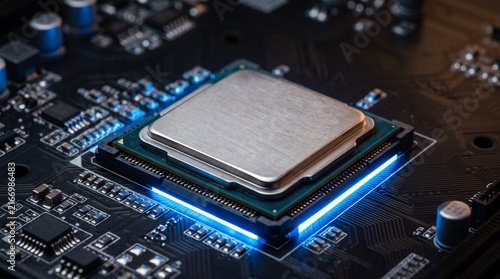 Computer CPU processor mounted on black motherboard with blue LED light close up