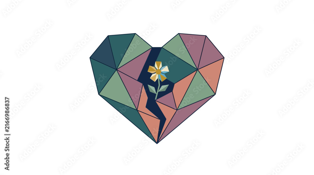 Fototapeta premium Geometric Broken Heart Illustration With A Small Flower