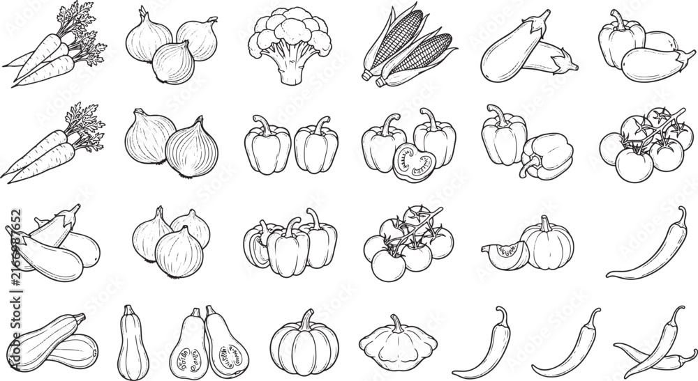 Obraz premium Hand drawn vegetable collection set featuring various organic farm produce in a clean line art style