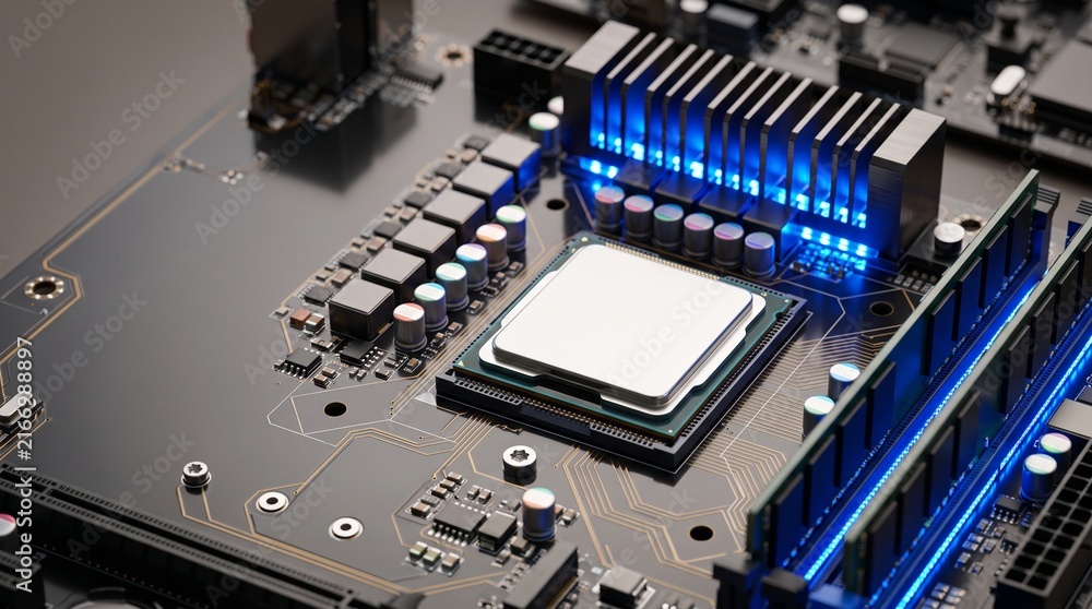 Fototapeta premium Computer motherboard with central CPU processor chip and blue illuminated RAM memory slot