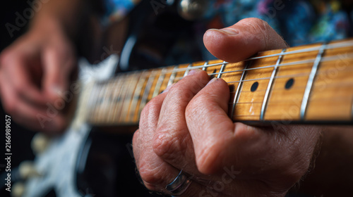 close-up of guitar player's fingers on strings