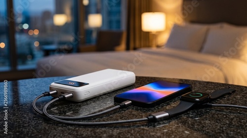 Portable power bank charger charging smartphone and smartwatch in hotel room photograph