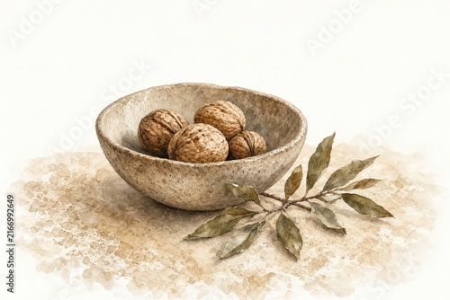 Watercolor illustration of walnuts in a rustic bowl with olive branch leaves.