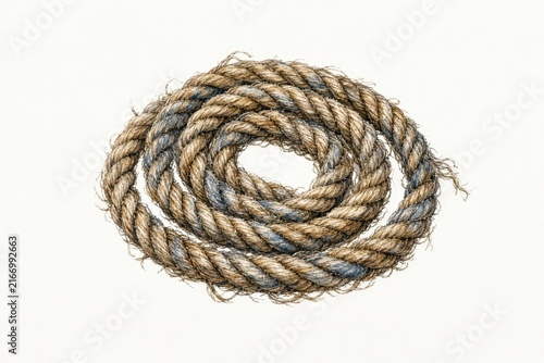 Coiled natural fiber rope with frayed strands arranged in a spiral formation on white background