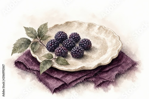Ripe dark purple blackberries arranged on a scalloped ceramic plate resting atop a plum colored linen cloth with green leaves beside them.