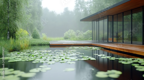 Modern Glass House by Foggy Pond and Forest.