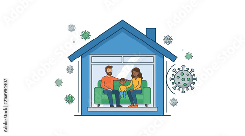 Family Staying Home Inside House Surrounded by Virus Particles