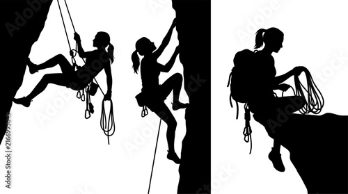 Rock climbing wall vector with female athlete silhouettes