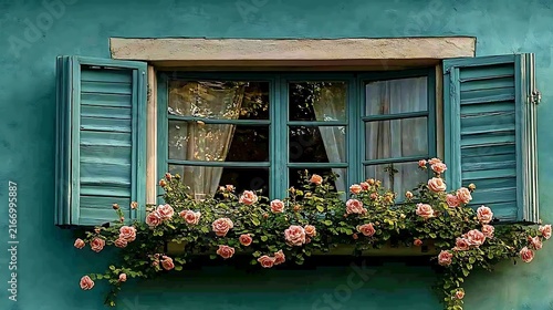 Vintage Window with Pink Roses and Teal Shutters.