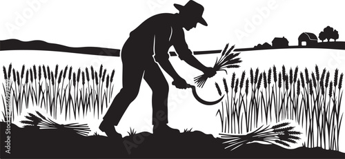 Bild auf Leinwand Farmer Sickle Harvesting Crop Field Vector Silhouette