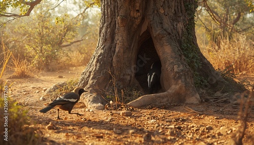 Honeyguide Bird Guiding Mammal Toward Wild Beehive in African Woodland