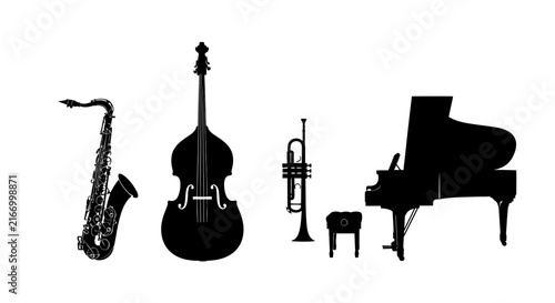 Black silhouettes of various musical instruments arranged in a clean linear row with silhouettes saxophone upright upright bass trumpet trumpet grand piano