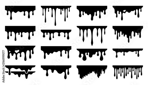 Obraz na plátne Black liquid dripping borders and melting edges set collection with liquid drips