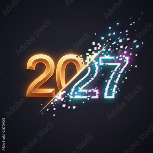 Golden 2027 text shattering digital cyan glitch pixel dispersion