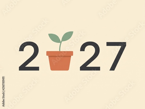 Minimal 2027 text green plant sprout terracotta pot beige background