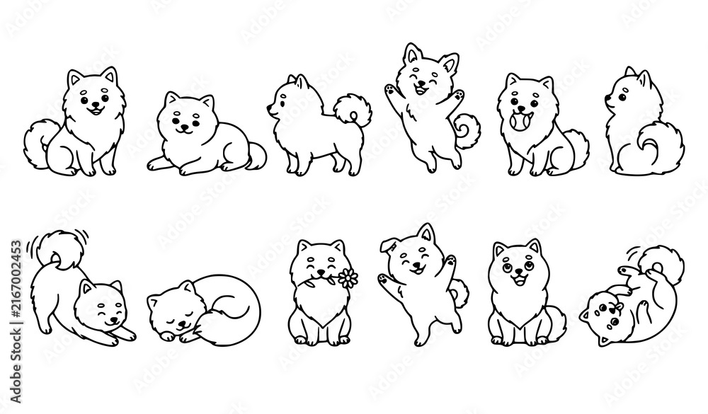 Fototapeta premium Cute Kawaii Pomeranian Dog Outline Coloring Book Vector Collection