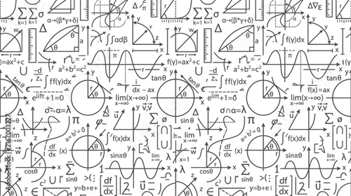 Obraz na plátně Abstract pattern of mathematical equations and diagrams scattered across a white background