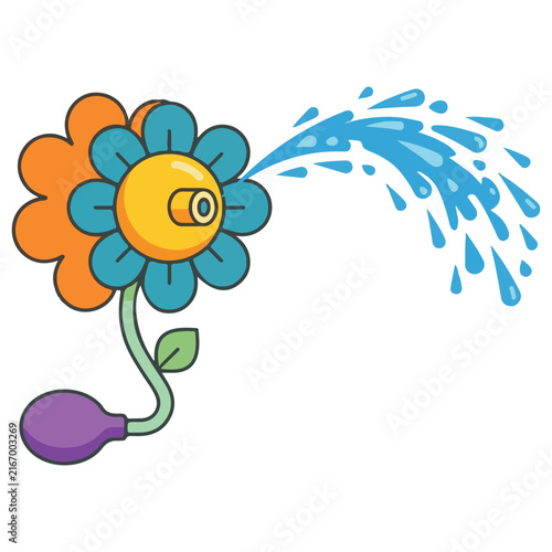 Foto Prank flower squirting water with a rubber bulb pump and blue splashes joke flow