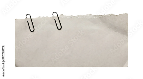 Blank White Torn Paper Note with Black Paper Clips Isolated for Minimal Stationery Design