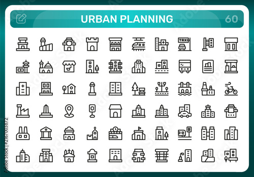 Urban planning icon set. Editable stroke. Vector illustration. Creative line icons illustrating sustainable architecture, road networks, and eco city layouts.