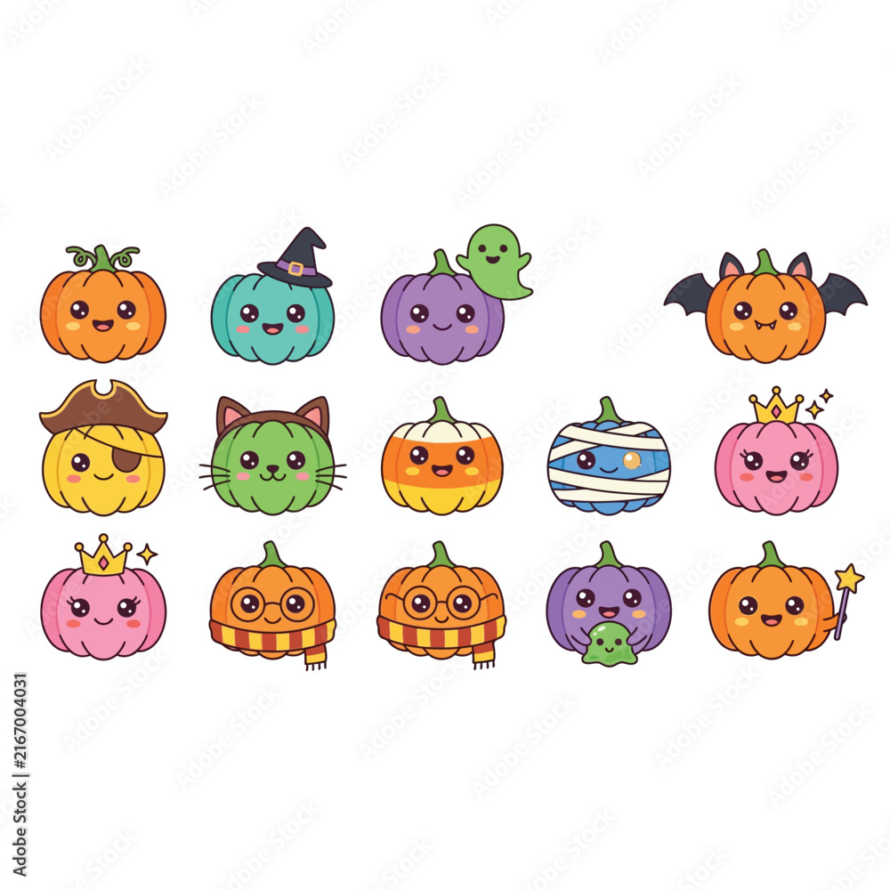 Fototapeta premium Halloween Themed Cartoon Pumpkin Faces Characters.