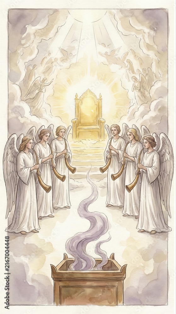 Fototapeta premium Angels playing trumpets around a golden throne of God in heaven. Biblical scene of the final judgment and apocalypse. Religious illustration representing divine power and glory.