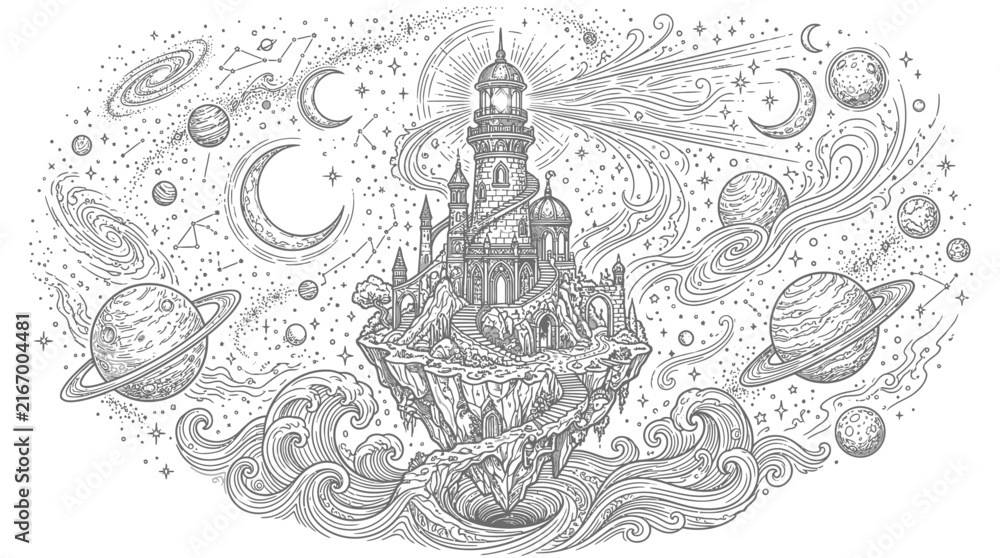 Naklejka premium Mystical cosmic lighthouse on floating island with planets and stars line art illustration