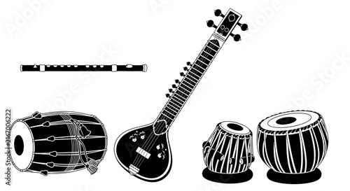 Bild auf Leinwand Black and white illustration of traditional indian musical instruments with sita
