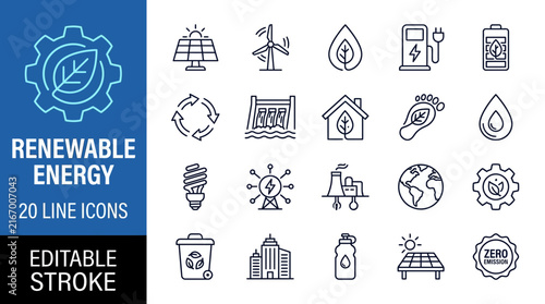 Set of 20 Renewable Energy Line Icons for Sustainable Technology and Green Power Projects