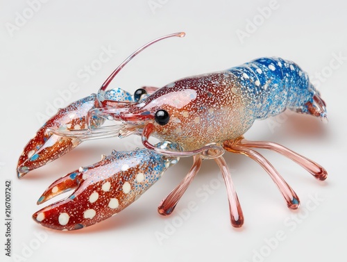 Detailed Glass Figurine Of A Blue And Red Lobster On A Plain White Studio Background
