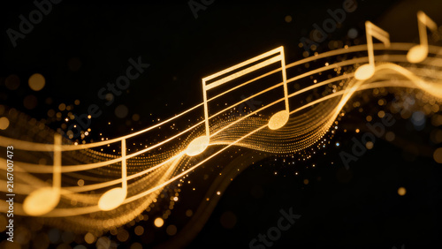 golden musical notes on staff with particle light effects