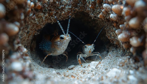 Goby Fish and Blind Pistol Shrimp Maintaining Shared Burrow in Tropical Reef