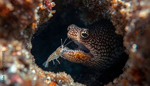 Cleaner Shrimp Grooming Moray Eel at Tropical Coral Reef Cleaning Station