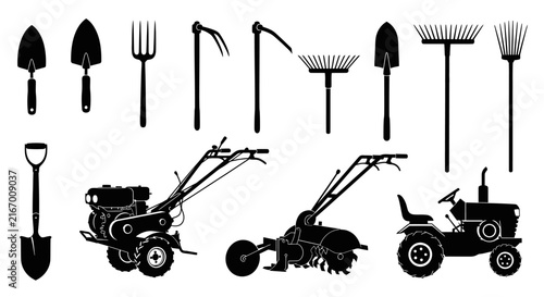 Foto Gardening tools and machinery in black silhouette on white background with colle