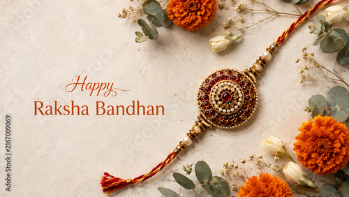 Elegant golden and red jeweled rakhi placed among beautiful orange marigolds and green leaves on beige texture background for happy raksha bandhan