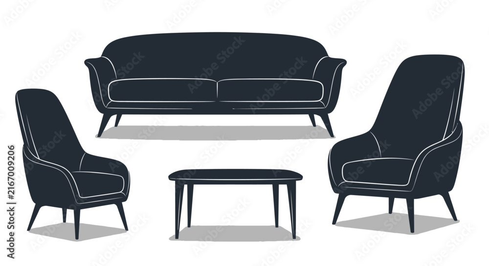 Fototapeta premium Modern living room furniture set with sofa with sofa two chairs interior design table decor black white style home line