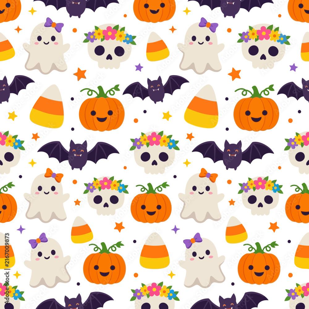 Naklejka premium Cute Halloween Characters Seamless Pattern