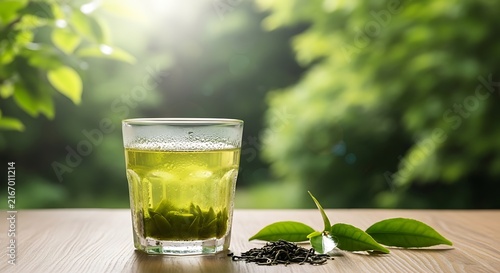 Fresh green tea in glass with tea leaves on wooden surface