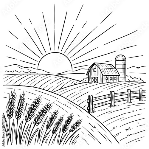 Agricultural farm landscape with wheat field barn and silo at sunrise