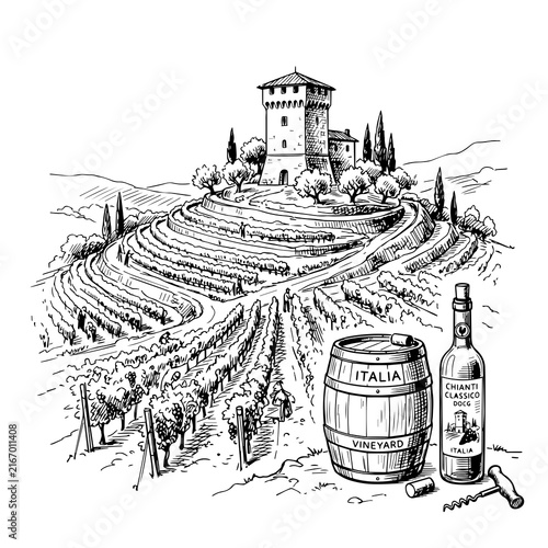 Italian vineyard landscape with wine bottle barrel tower and grapevines line art