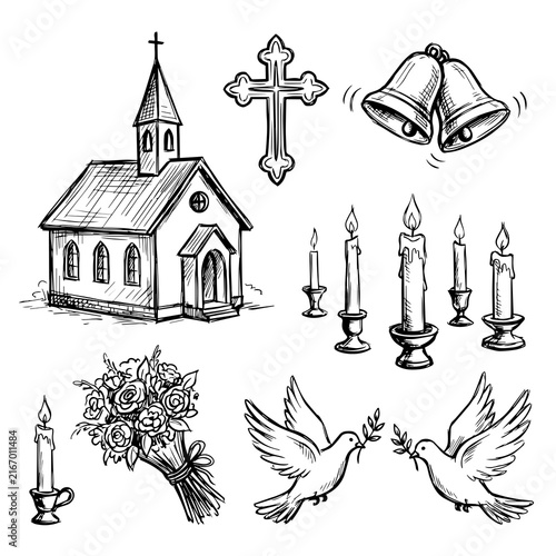 Traditional wedding elements set with church cross doves and bouquet