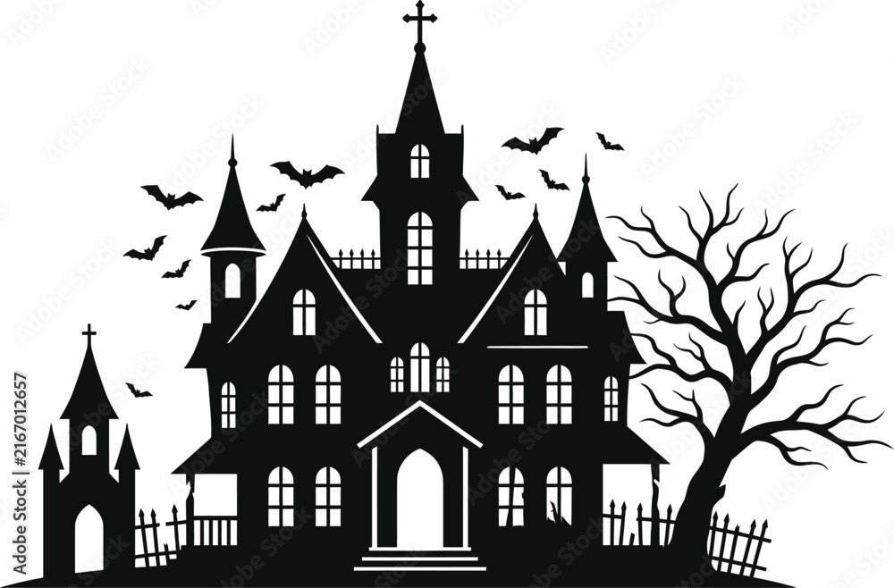 Fototapeta premium Spooky haunted house silhouette with bats and bare tree for Halloween