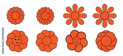 Cute daisy flower face with smiley emoji. Retro groovy cartoon character with happy expression.